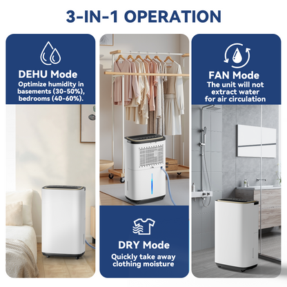 2500 Sq.Ft Large Dehumidifier for Basement, 30-Pint Whole House Dehumidifier with Compressor and Drain Hose, Intelligent Humidity Control, 3 Modes, 24H Timer, Ideal For Bedrooms, Bathrooms or RV