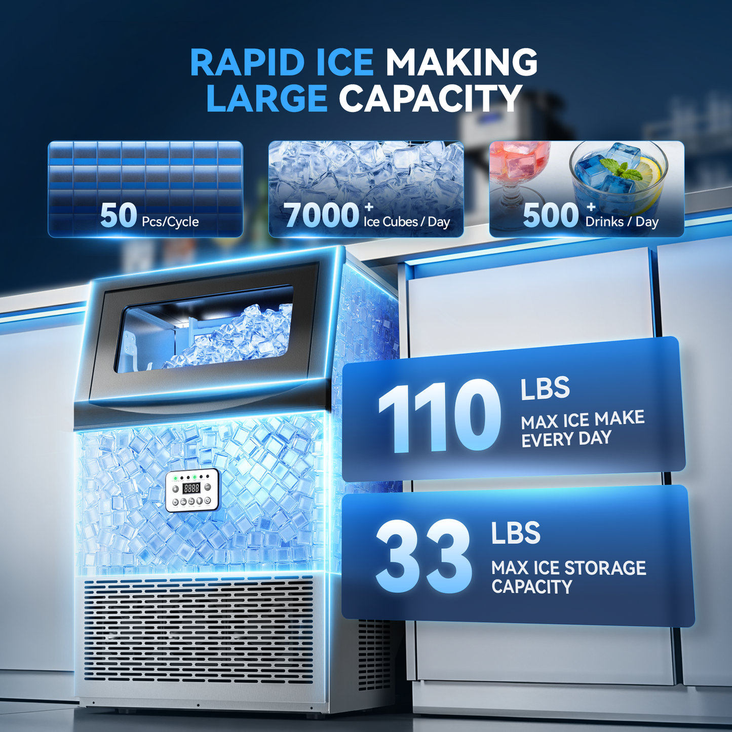 Tehanld Commercial Ice Maker Machine, 110LBS/24H with 33LBS Large Storage Capacity, 50 Ice Cubes/15 Mins, Ice Machine with Self-Cleaning & Water Filter, Under Counter & Freestanding for Home, Bar