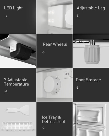 3.4 Cu.Ft Small Refrigerator with Freezer, Mini Fridge with Freezer, 7 Settings Temperature Adjustable, Double Door, Compact Refrigerator for Bedroom, Dorm and Office, White