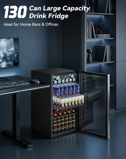 Tehanld 130 Can Beverage Refrigerator with Reversible Glass Door, 3.2 Cu.Ft Drink Cooler with Adjustable Thermostat (34–64°F), Freestanding Beverage Fridge for Soda, Beer & Home Bar