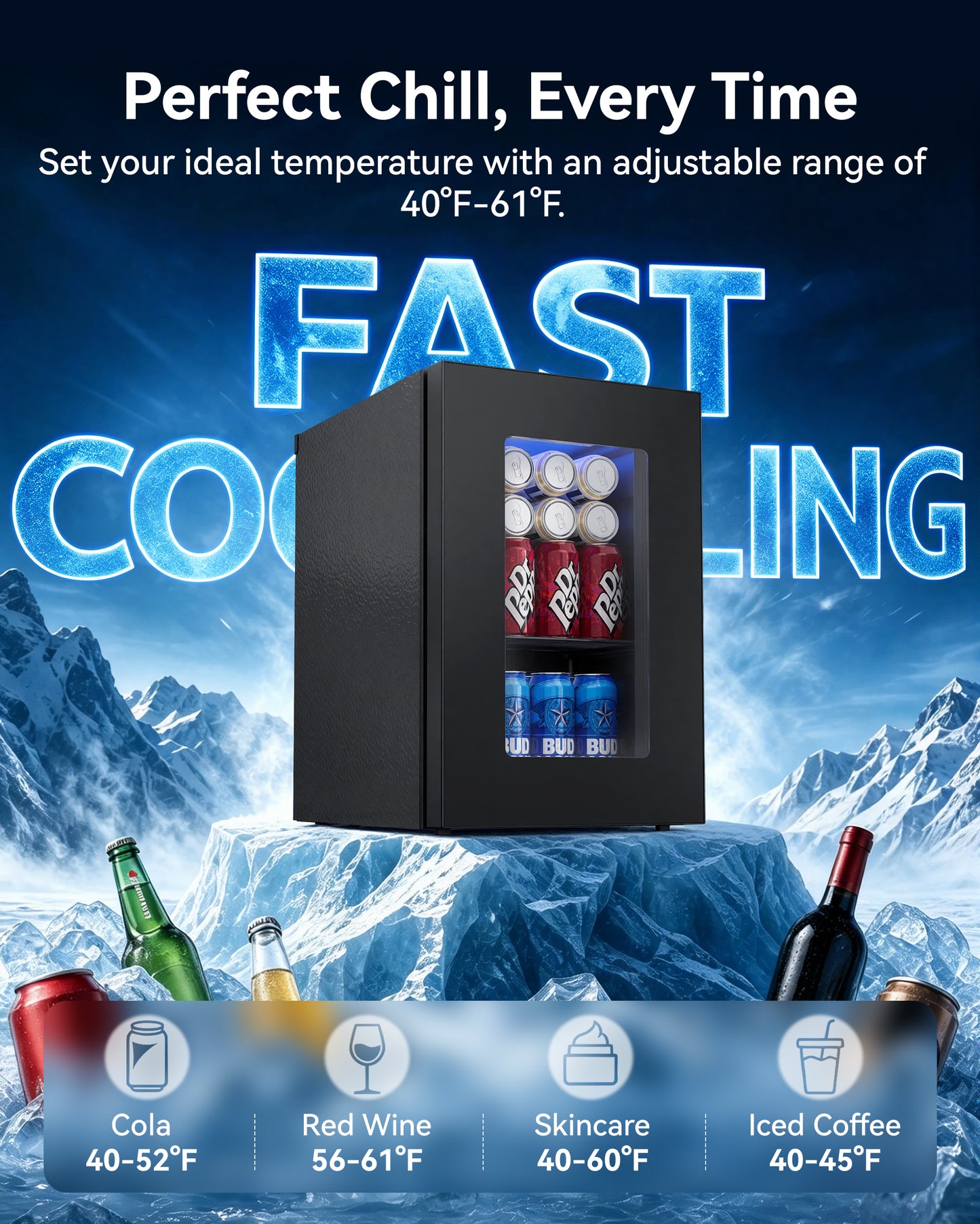 Tehanld 0.6 Cu.ft Beverage Cooler, Compressor Mini Fridge with Glass Door, Small Beverage Refrigerator 40-61°F Adjustable Temperature, Freestanding Soda Beer Fridge for Office, Bedroom, Black
