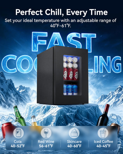 Tehanld 0.6 Cu.ft Beverage Cooler, Compressor Mini Fridge with Glass Door, Small Beverage Refrigerator 40-61°F Adjustable Temperature, Freestanding Soda Beer Fridge for Office, Bedroom, Black