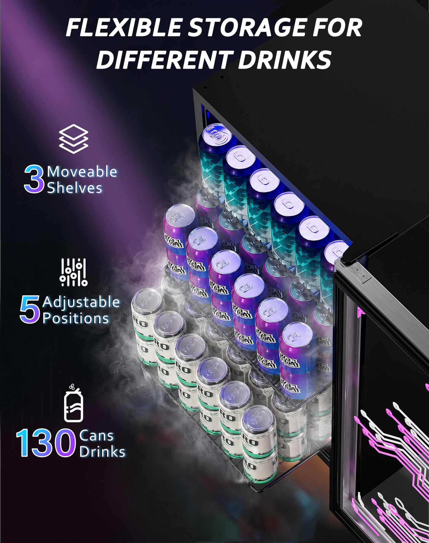 3.2 Cu.Ft Beverage Refrigerator, 130-Can Glass Door Mini Fridge with LED Light, Double Pane Door, 35-65°F Digital Temperature Control, Fan Cooling, 3 Movable Shelves for Soda, Beer & Drinks
