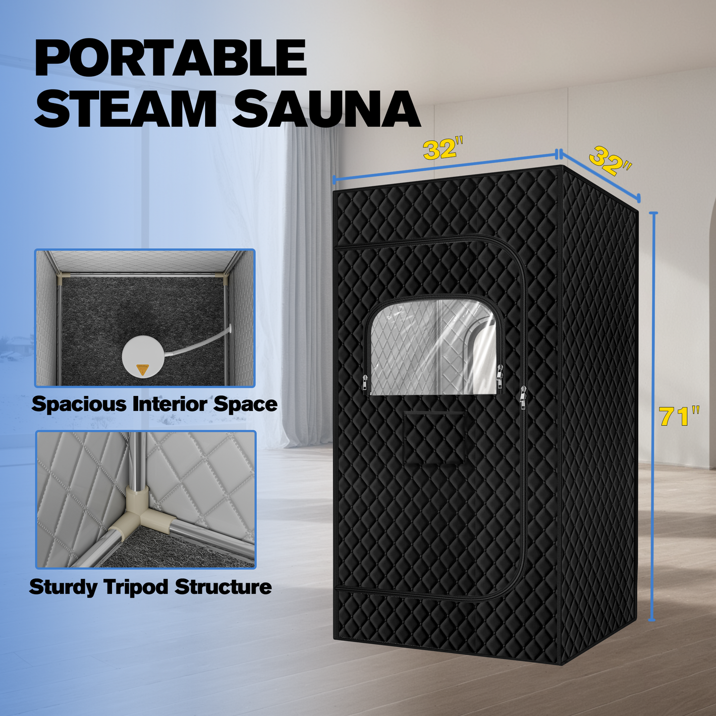 Portable Sauna Box for Home, Personal Steam Nurecover Saunas Heater at Home Use, 3L 1200W Steamer, Indoor Foldable Sauna Tent, Dry Sauna SPA Full Body, 2.7’ x 2.7’ x 5.9’ (Satin Cotton, Black)