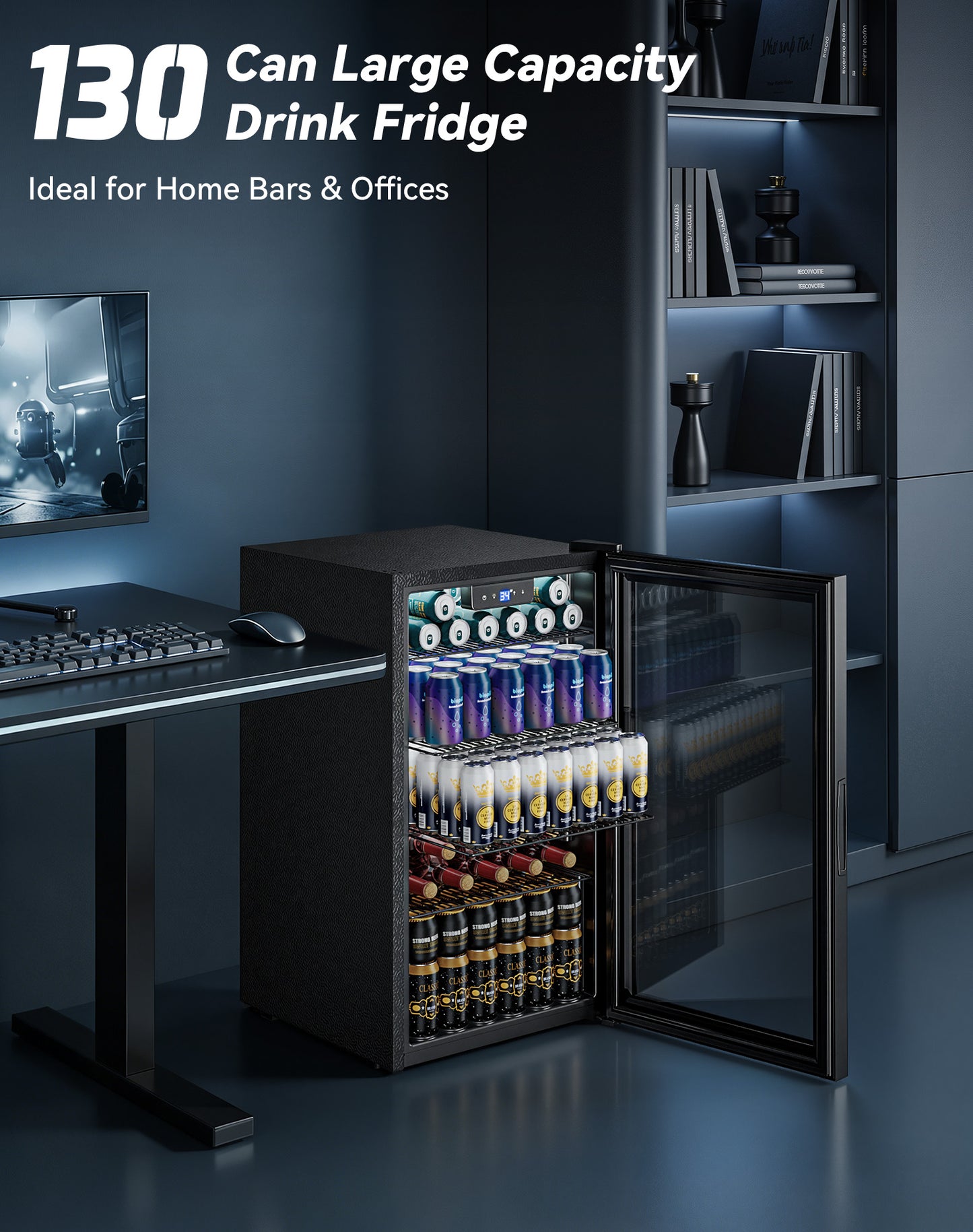 Tehanld 130 Can Beverage Refrigerator with Reversible Glass Door, 3.2 Cu.Ft Drink Cooler with Adjustable Thermostat (34–64°F), Freestanding Beverage Fridge for Soda, Beer & Home Bar
