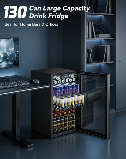 Tehanld 130 Can Beverage Refrigerator with Reversible Glass Door, 3.2 Cu.Ft Drink Cooler with Adjustable Thermostat (34–64°F), Freestanding Beverage Fridge for Soda, Beer & Home Bar