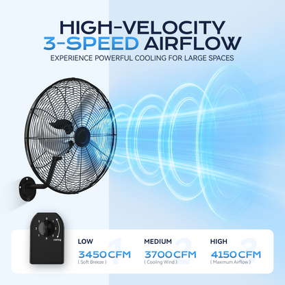 Tehanld Industrial Wall Fan 20 Inch - 3400 CFM High Velocity Airflow, Heavy Duty Metal Wall Mounted Fan with 80° Oscillation & Adjustable Tilt, 3-Speed Commercial Fan for Workshop & Patio