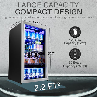 2.5 Cu.Ft Beverage Fridge, Mini Fridge With Glass Door, Beverage Cooler Refrigerator, Wine Drink Beer Fridge, Adjustable Shelves & Digital Temperature Display, 22 Bottle 95 Can