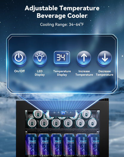 Tehanld 130 Can Beverage Refrigerator with Reversible Glass Door, 3.2 Cu.Ft Drink Cooler with Adjustable Thermostat (34–64°F), Freestanding Beverage Fridge for Soda, Beer & Home Bar