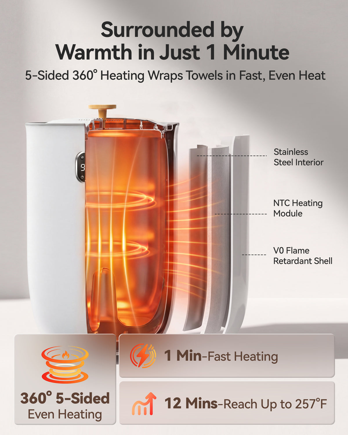 Towel Warmer, 40L Towel Warmers for Bathroom Features 2 Heat Settings, Higher Temperatures and Quicker Heating of Towels, Bathrobes and Blankets, Ideal for Home Spa, Natural Grain