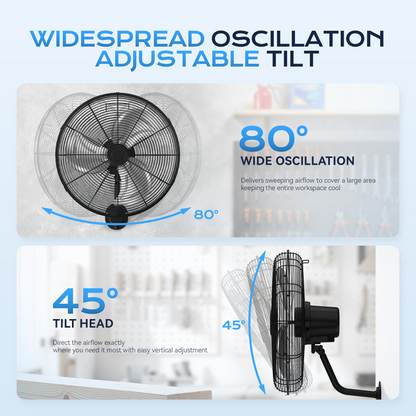Tehanld Industrial Wall Fan 20 Inch - 3400 CFM High Velocity Airflow, Heavy Duty Metal Wall Mounted Fan with 80° Oscillation & Adjustable Tilt, 3-Speed Commercial Fan for Workshop & Patio