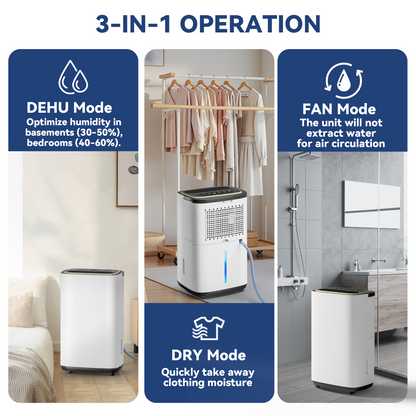 Tehanld 4500 Sq.Ft Large Dehumidifier for Basement, 50-Pint Whole House Dehumidifier with Compressor and Drain Hose, Smart Humidity Control, 3 Modes, 24H Timer, Ideal For Large Rooms, Bedrooms, Bathrooms