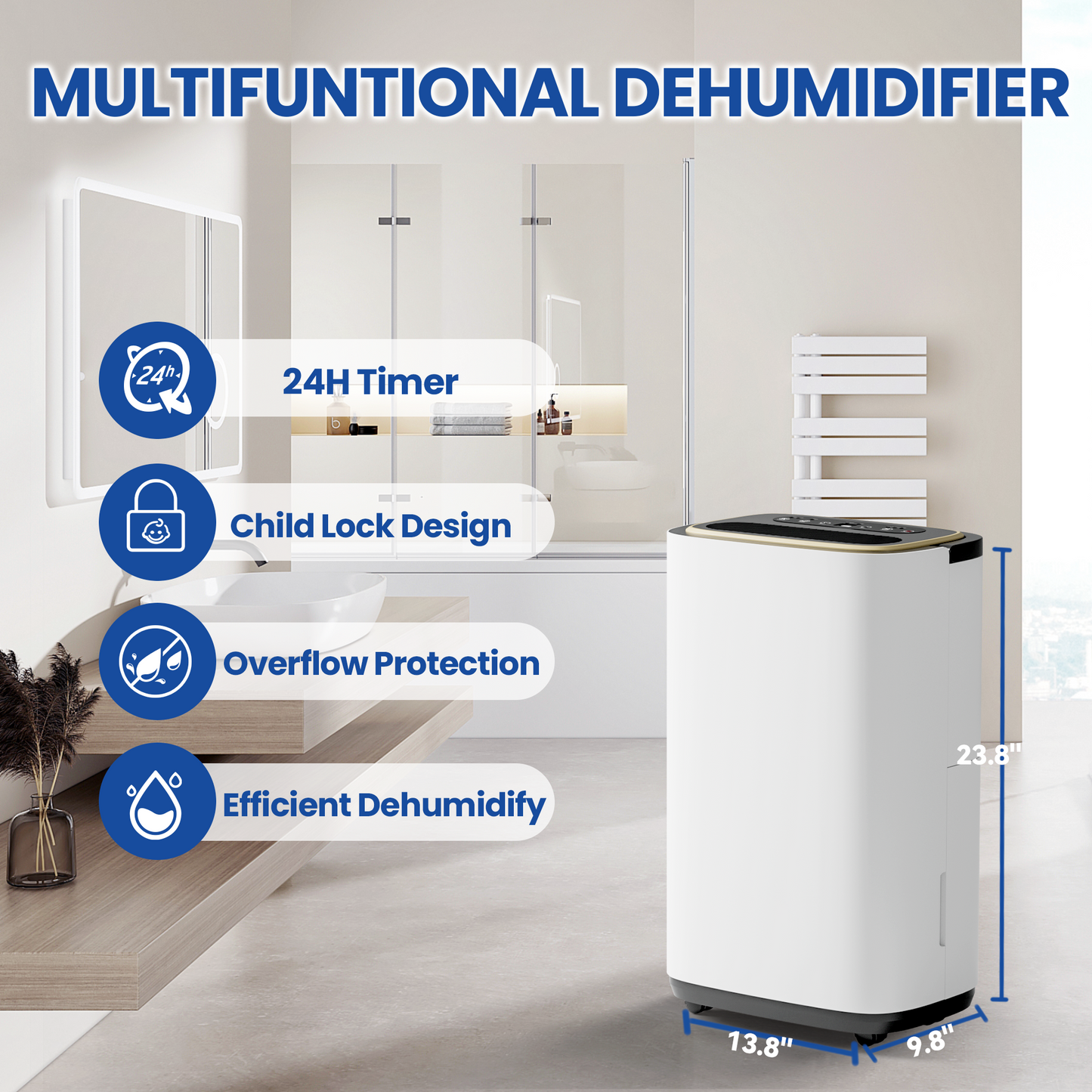 Tehanld 4500 Sq.Ft Large Dehumidifier for Basement, 50-Pint Whole House Dehumidifier with Compressor and Drain Hose, Smart Humidity Control, 3 Modes, 24H Timer, Ideal For Large Rooms, Bedrooms, Bathrooms