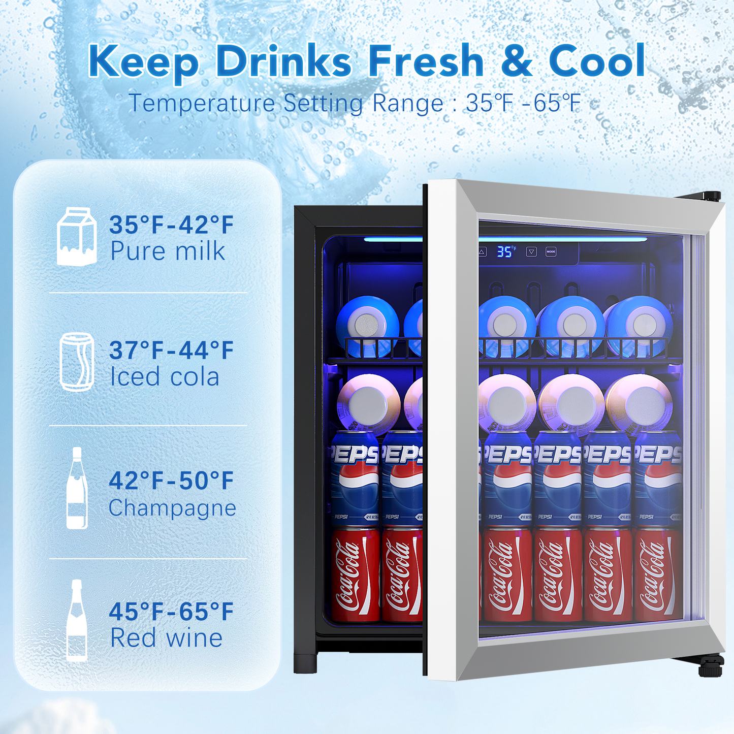 1.77 Cu.Ft Beverage Fridge, Mini Fridge With Glass Door, Beverage Cooler Refrigerator, Wine Drink Beer Fridge, Adjustable Shelves & Digital Temperature Display, 16 Bottle 68 Can