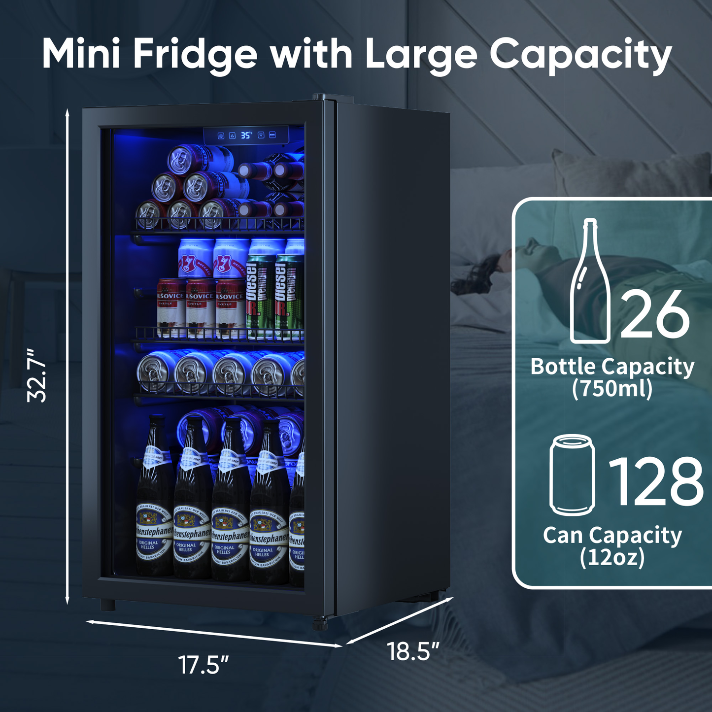 3.2 Cu.Ft Beverage Fridge, Mini Fridge With Glass Door, Beverage Cooler Refrigerator, Wine Drink Beer Fridge, Adjustable Shelves & Digital Temperature Display, 26 Bottle 128 Can