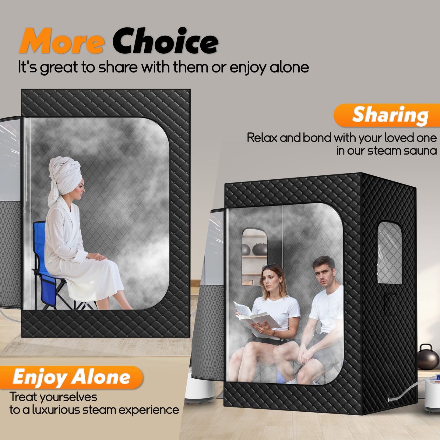 2 Person Portable Steam Sauna for Home, Extra Large Sauna Box, Upgraded 2 Steamer, 2 Foldable Chair & Remote Control, Black