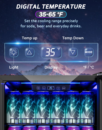 3.2 Cu.Ft Beverage Refrigerator, 130-Can Glass Door Mini Fridge with LED Light, Double Pane Door, 35-65°F Digital Temperature Control, Fan Cooling, 3 Movable Shelves for Soda, Beer & Drinks