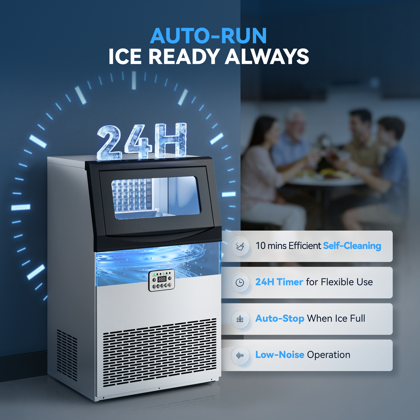 Commercial Ice Maker Machine, 200LBS/24H with 33LBS Large Storage Capacity, 96 Ice Cubes/15 Mins, Ice Machine with Self-Cleaning & Water Filter, Under Counter & Freestanding for Home, Bar
