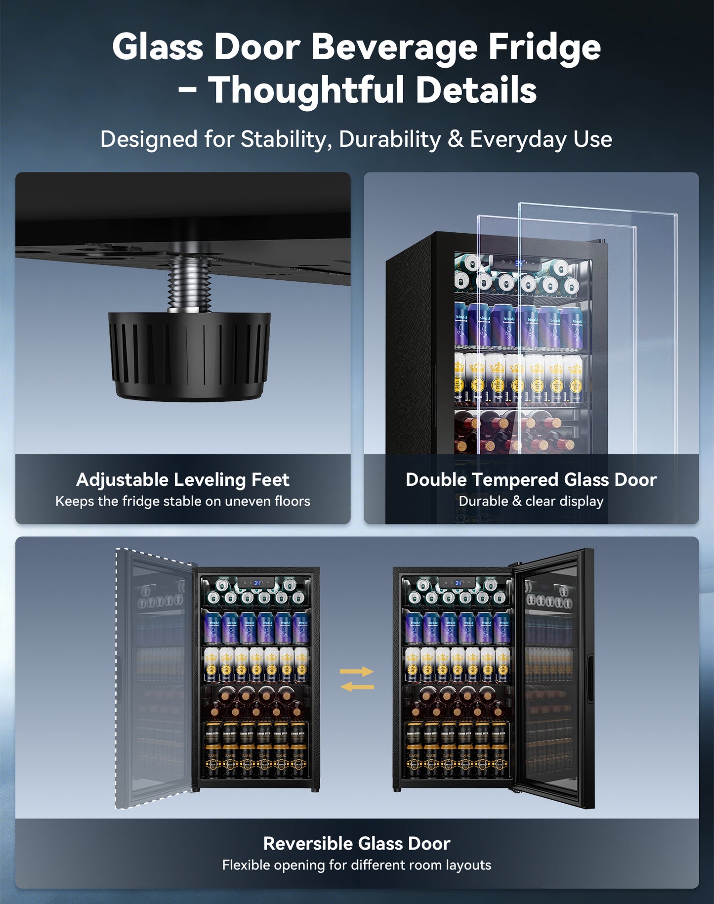 Tehanld 130 Can Beverage Refrigerator with Reversible Glass Door, 3.2 Cu.Ft Drink Cooler with Adjustable Thermostat (34–64°F), Freestanding Beverage Fridge for Soda, Beer & Home Bar