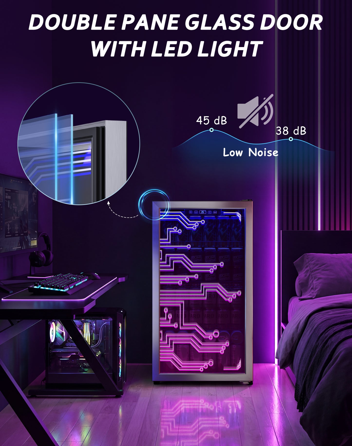 3.2 Cu.Ft Beverage Refrigerator, 130-Can Glass Door Mini Fridge with LED Light, Double Pane Door, 35-65°F Digital Temperature Control, Fan Cooling, 3 Movable Shelves for Soda, Beer & Drinks