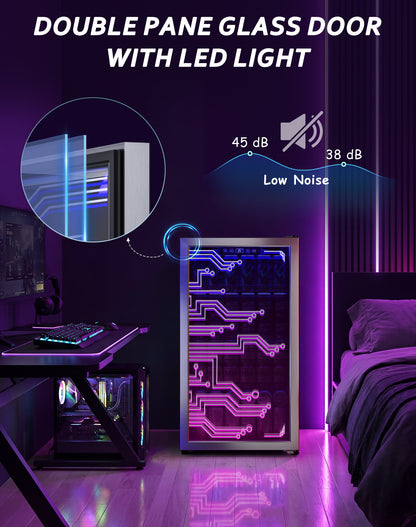 3.2 Cu.Ft Beverage Refrigerator, 130-Can Glass Door Mini Fridge with LED Light, Double Pane Door, 35-65°F Digital Temperature Control, Fan Cooling, 3 Movable Shelves for Soda, Beer & Drinks