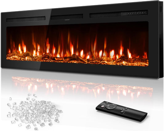 Tehanld 50 Inch Electric Fireplace in-Wall Recessed and Wall Mounted, Ultra-Thin Linear Fireplace Heater 750/1500W with Realistic Flame, Higher Temperatures & Lower Noise, Log Set & Crystal Options