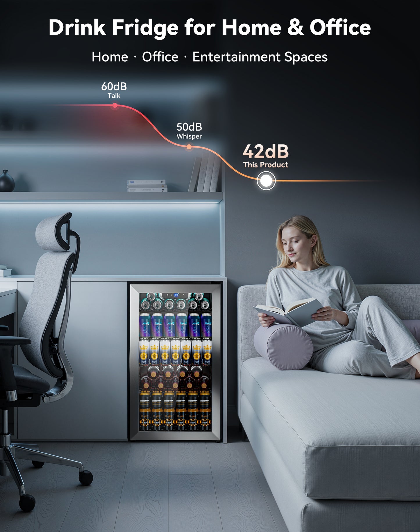 Tehanld 130 Can Beverage Refrigerator with Reversible Glass Door, 3.2 Cu.Ft Drink Cooler with Adjustable Thermostat (34–64°F), Freestanding Beverage Fridge for Soda, Beer & Home Bar