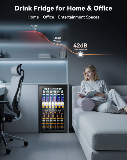 Tehanld 130 Can Beverage Refrigerator with Reversible Glass Door, 3.2 Cu.Ft Drink Cooler with Adjustable Thermostat (34–64°F), Freestanding Beverage Fridge for Soda, Beer & Home Bar