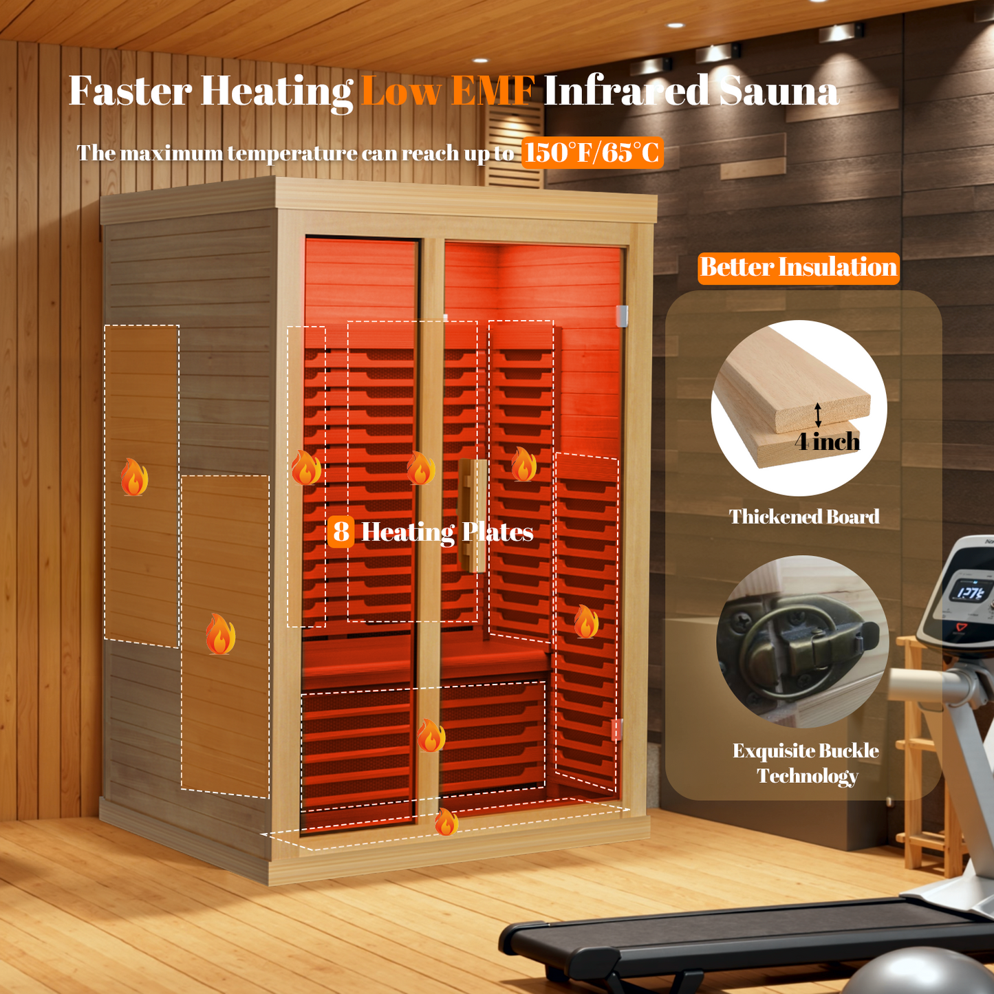 Tehanld Low EMF Full Spectrum Infrared Sauna - 2-Person Home Indoor Wooden Sauna with 2000W Fast Heating, Dual Tempered Glass & Bluetooth Speakers (Warm Wood Hue)