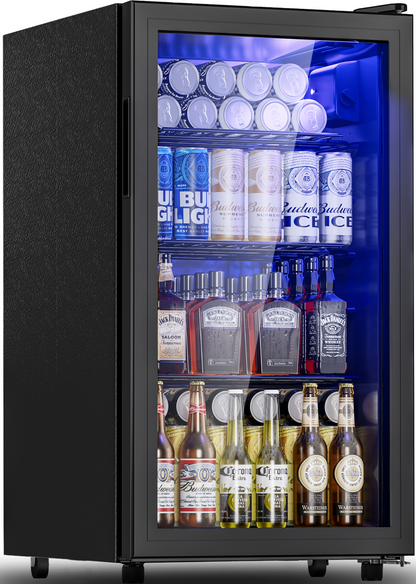 Beverage Refrigerator Cooler - 128 Can Drink Beer Fridge, Wine Soda Cooler, Mini Fridge Glass Door Front for/Home/Office/Bar, Small Refrigerator with Shelves/Light/Wheels