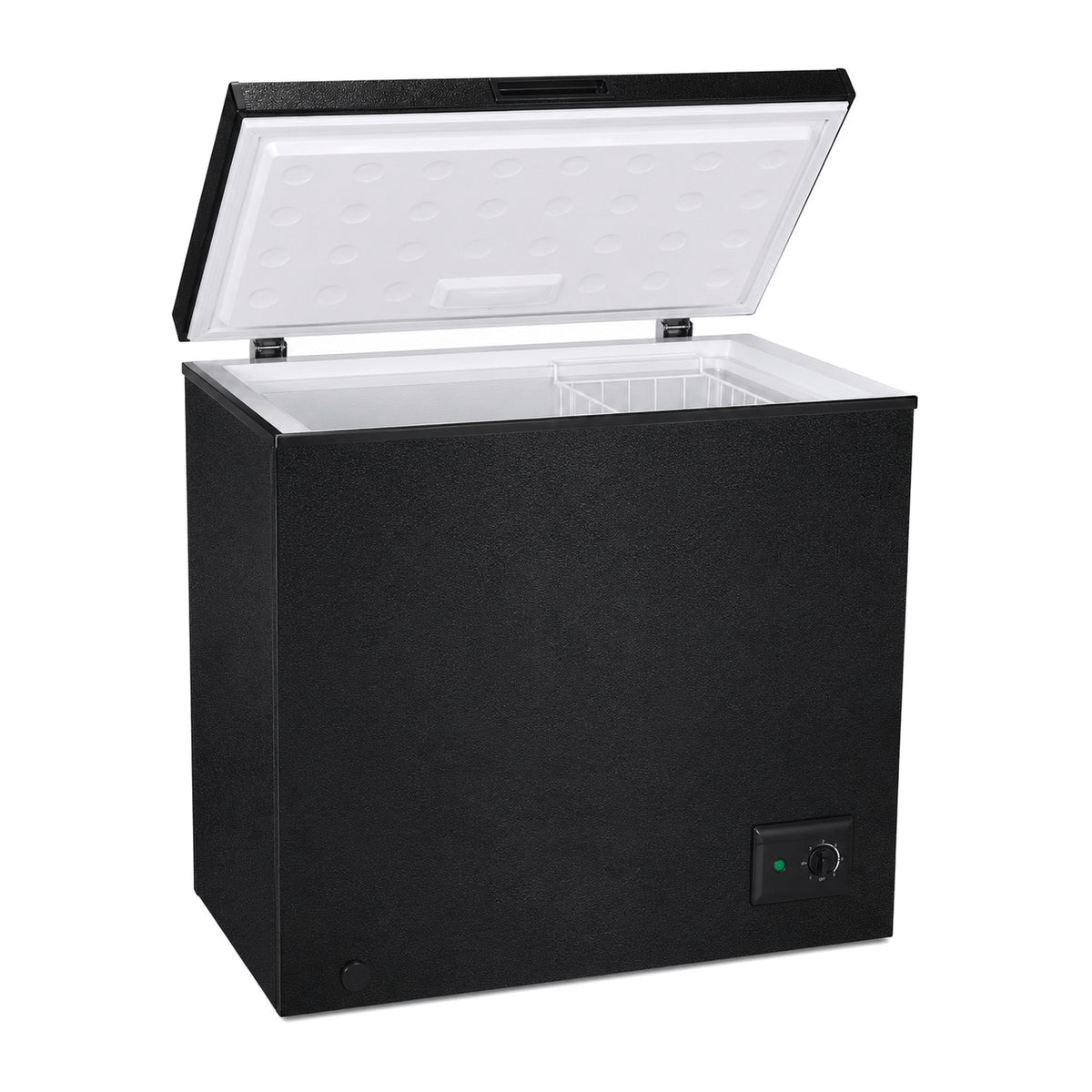 2.8 Cu.Ft Chest Freezer, Small Deep Freezer with 7-Level Thermostat, Black2.8 Cu.Ft storage in a compact 2.5 sq.ft footprint with quiet cooling, 7-level thermostat, basket and drain