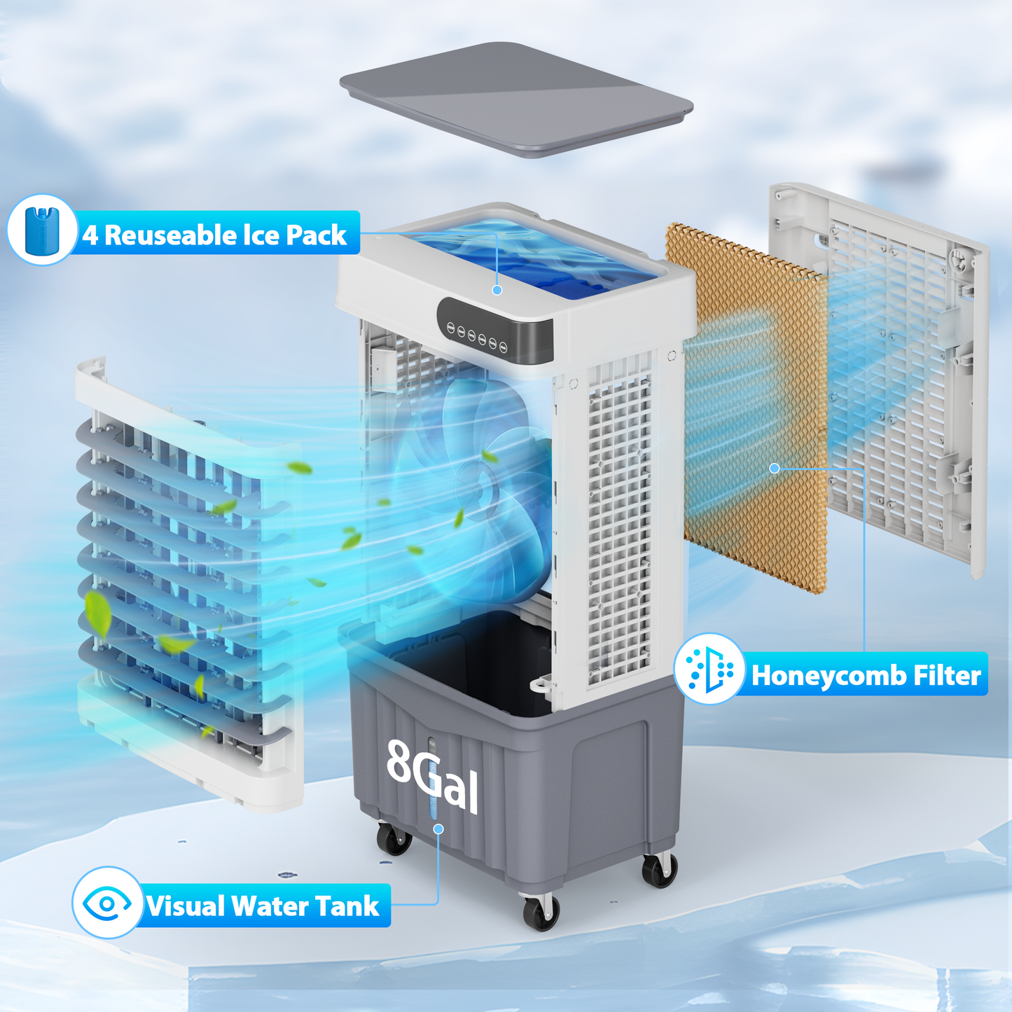 Swamp Cooler Air Conditioners, Large 8.5-Gal Tank for 7d Cooling, 4-IN-1 Portable Evaporative Cooler with LED Touch Screen, 3 Speeds, 12H Timer & Remote, 600 Sq.Ft Coverage, Ideal for Large Rooms Brand: Tehanld