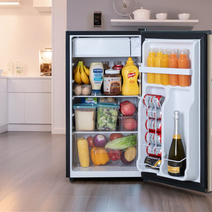 3.2 Cu.Ft Mini Fridge with Freezer, Mini Fridge for Bedroom Office, Small Refrigerator Fridge with Reversible Door, Low Noise, Energy Saving, Champagne,