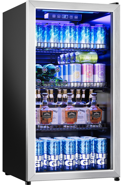 2.5 Cu.Ft Beverage Fridge, Mini Fridge With Glass Door, Beverage Cooler Refrigerator, Wine Drink Beer Fridge, Adjustable Shelves & Digital Temperature Display, 22 Bottle 95 Can