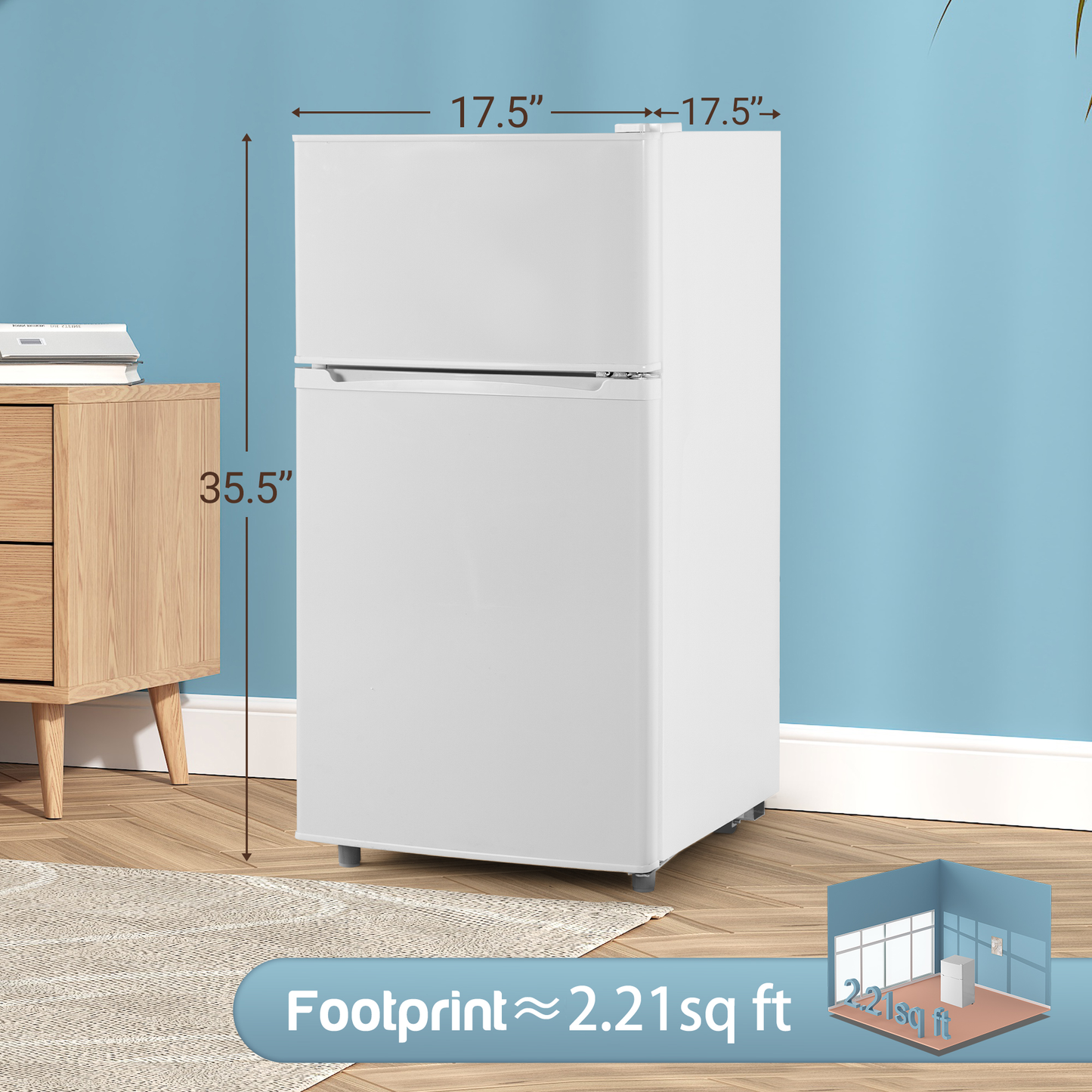 Double Door Refrigerator with Freezer, 3.5 Cu.Ft, Small Fridge with Freezer, 7 Settings Temperature Adjustable, Mini Refrigerator for Apartment Bedroom Dorm and Office, White