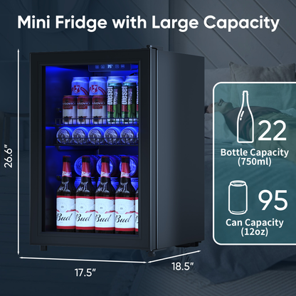2.5 Cu.Ft Wine Fridge, Mini Fridge With Glass Door, Wine Cooler Refrigerator, Beverage Drink Beer Fridge, Adjustable Shelves & Digital Temperature Display, 22 Bottle 95 Can