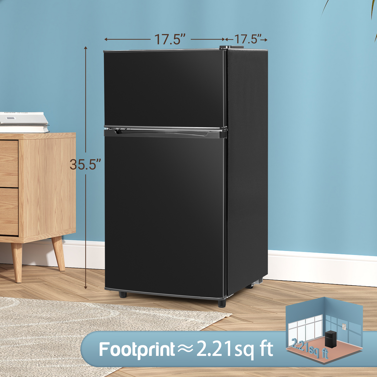 Double Door Refrigerator with Freezer, 3.5 Cu.Ft, Small Fridge with Freezer, 7 Settings Temperature Adjustable, Mini Refrigerator for Apartment Bedroom Dorm and Office, Black