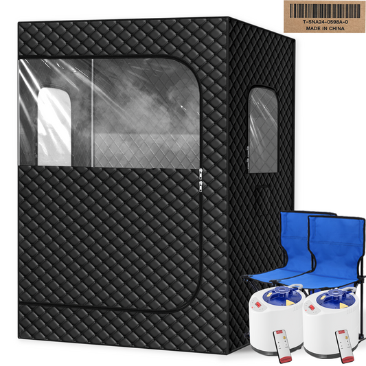 2 Person Portable Steam Sauna for Home, Extra Large Sauna Box, Upgraded 2 Steamer, 2 Foldable Chair & Remote Control, Black