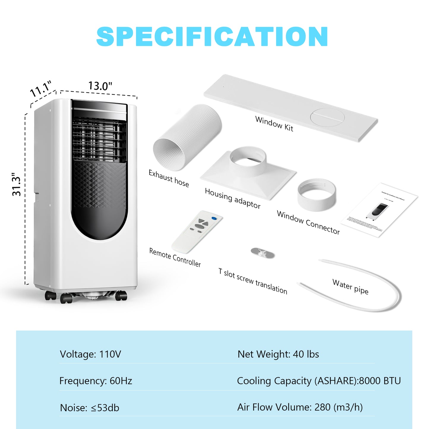 Portable Air Conditioner 8,000 BTU AC Unit Cool Up to 350 Sq.Ft. with Remote Control/LED Display/24Hr Timer/Window Mounting Kit & Screwdriver,White