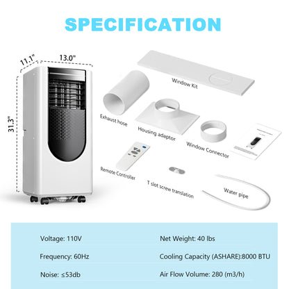 Portable Air Conditioner 8,000 BTU AC Unit Cool Up to 350 Sq.Ft. with Remote Control/LED Display/24Hr Timer/Window Mounting Kit & Screwdriver,White