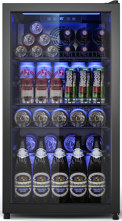 3.2 Cu.Ft Beverage Fridge, Mini Fridge With Glass Door, Beverage Cooler Refrigerator, Wine Drink Beer Fridge, Adjustable Shelves & Digital Temperature Display, 26 Bottle 128 Can